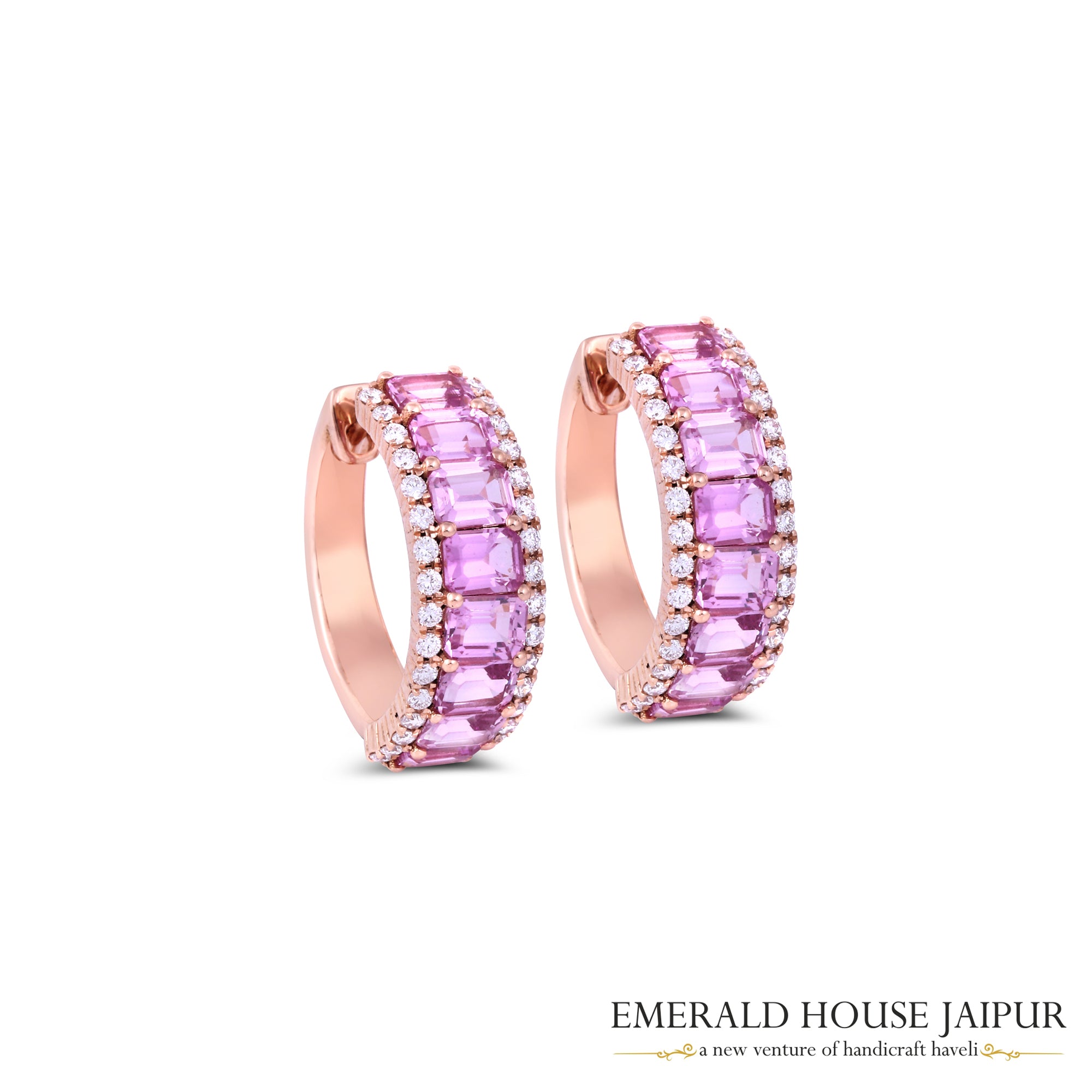 Petite Emerald-Cut Pink Sapphire Hoops - Main Image