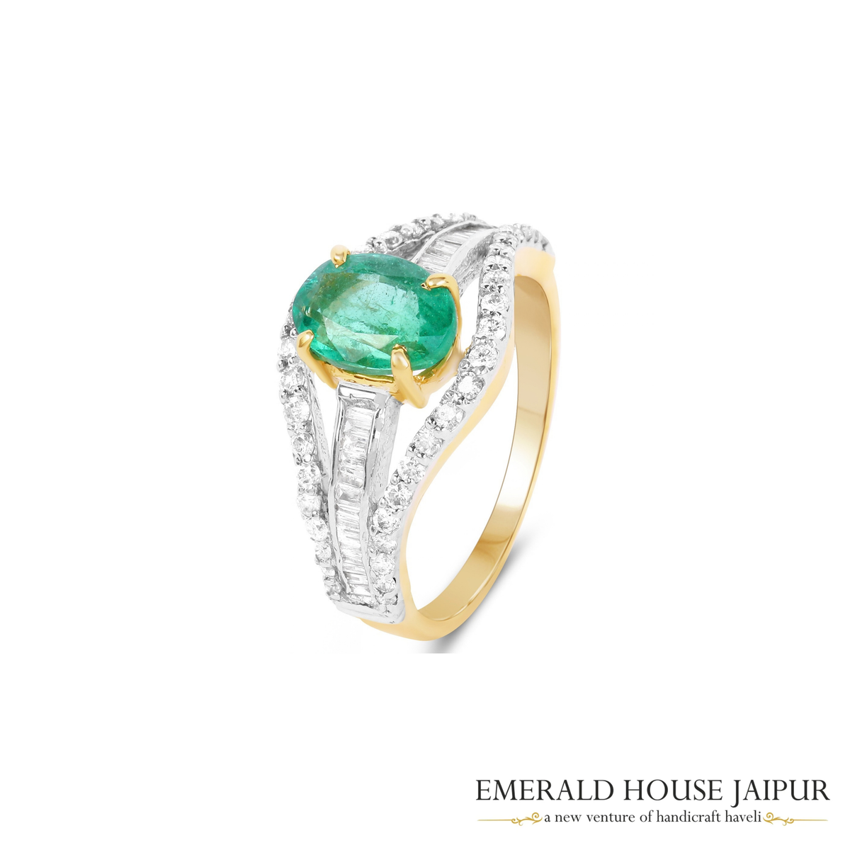 Zambian Oval Emerald Ring with Baguette & Round Diamonds in 14K Yellow Gold