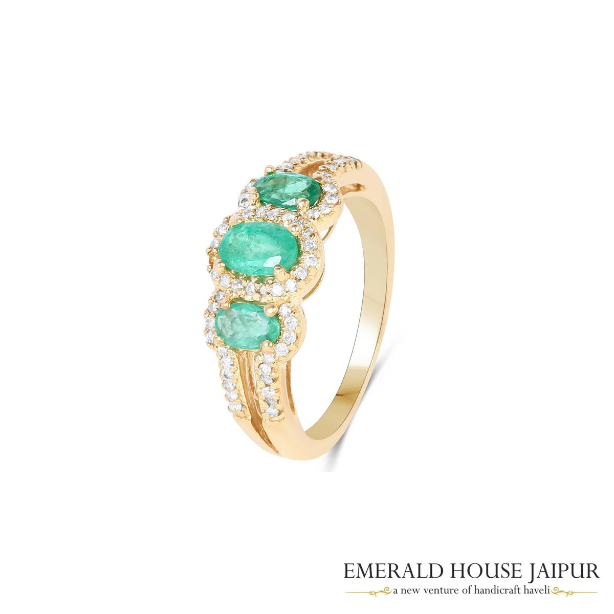 Zambian Triple Oval Emeralds Ring with Round Diamonds in 14K Yellow Gold