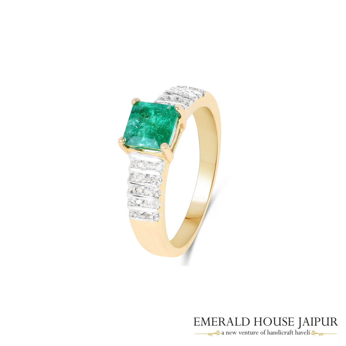 Zambian Square Octagonal Emerald Ring with Round Diamonds in 14K Yellow Gold