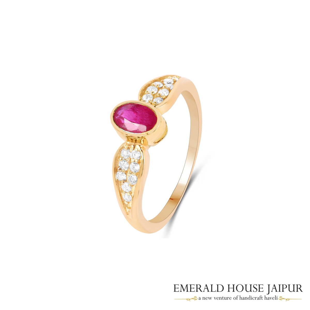 Mozambique Oval Ruby Ring with Round Diamonds in 14K Yellow Gold