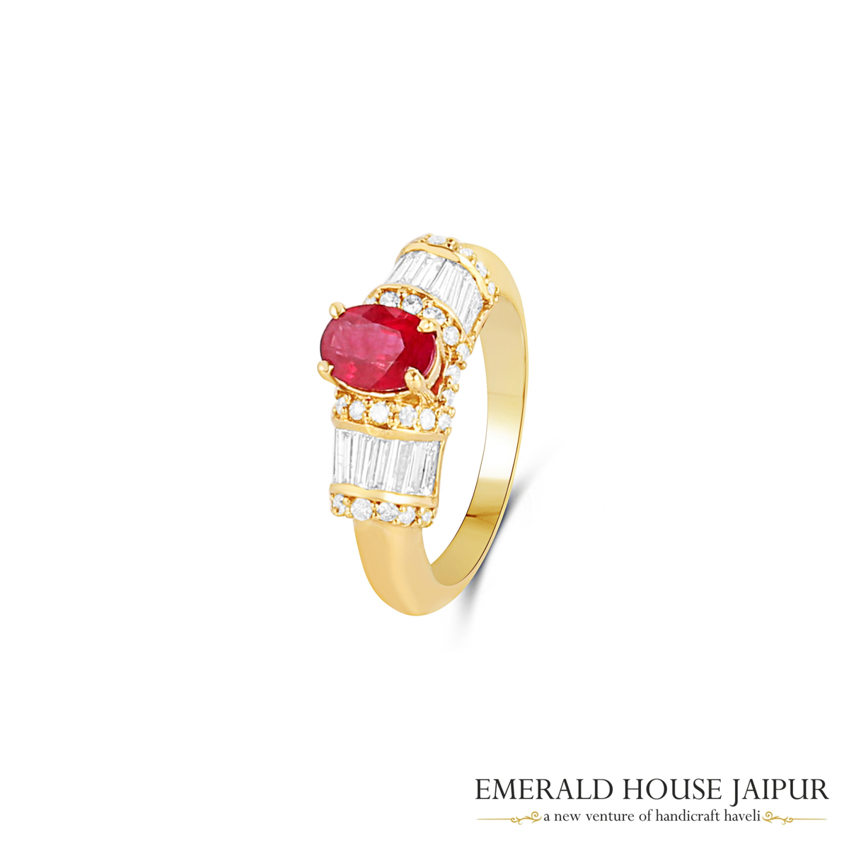 Mozambique Oval Ruby Ring with Round & Baguette Diamonds in 14K Yellow Gold