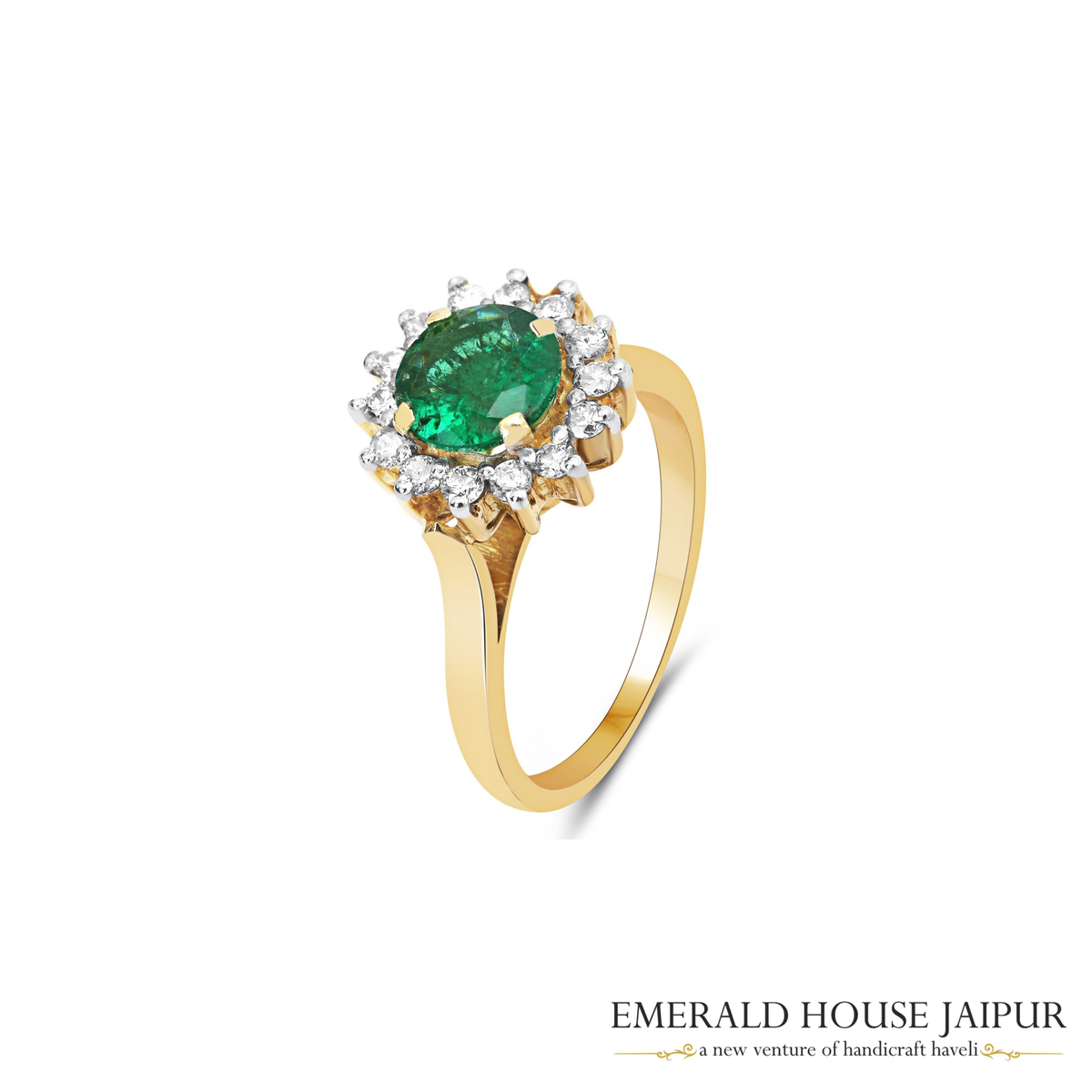 Zambian Round Emerald Ring with Round Diamonds in 18K Yellow Gold