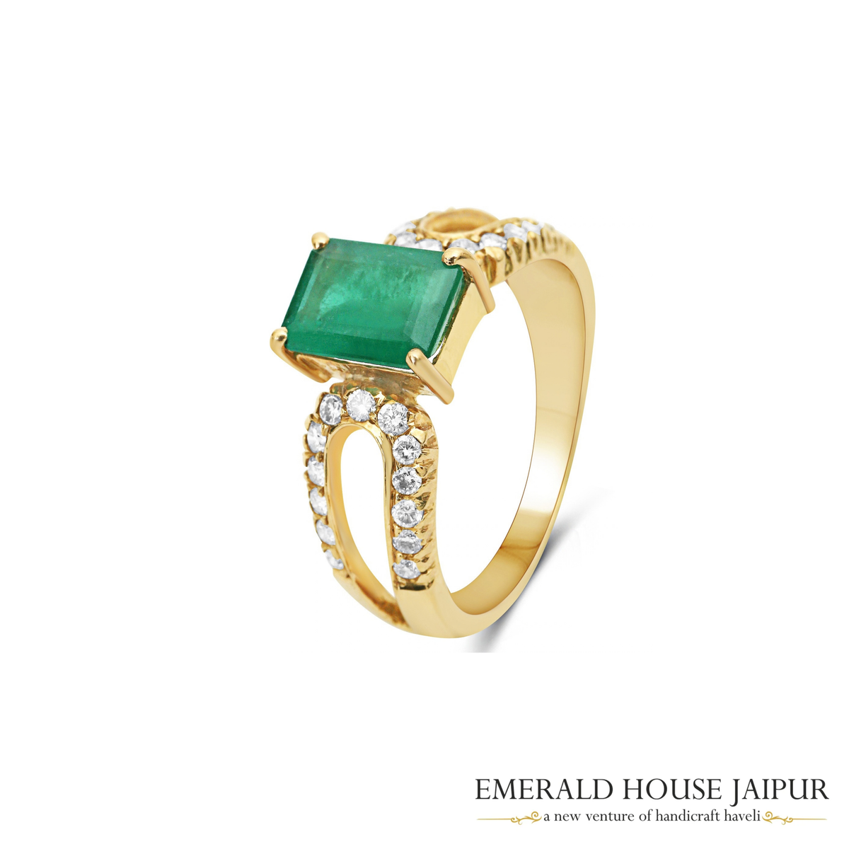 Zambian Octagonal Emerald Ring with Round Diamonds in 14K Yellow Gold