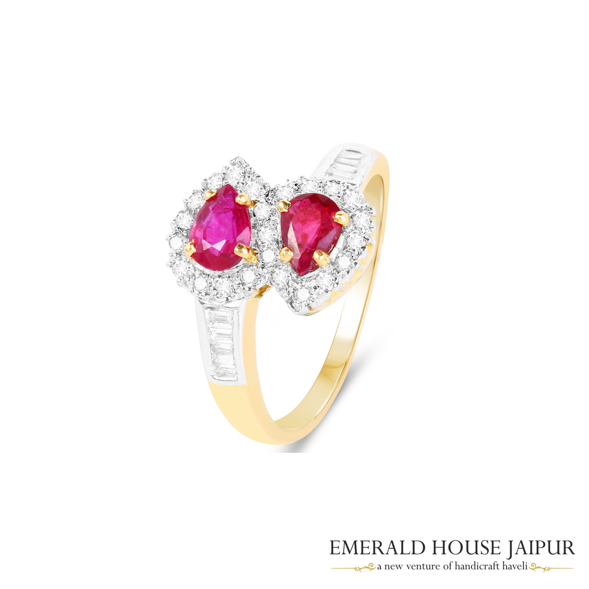 Mozambique "Toi-et-Moi" Pear Ruby Ring with Round & Baguette Diamonds in 18K Yellow & White Gold
