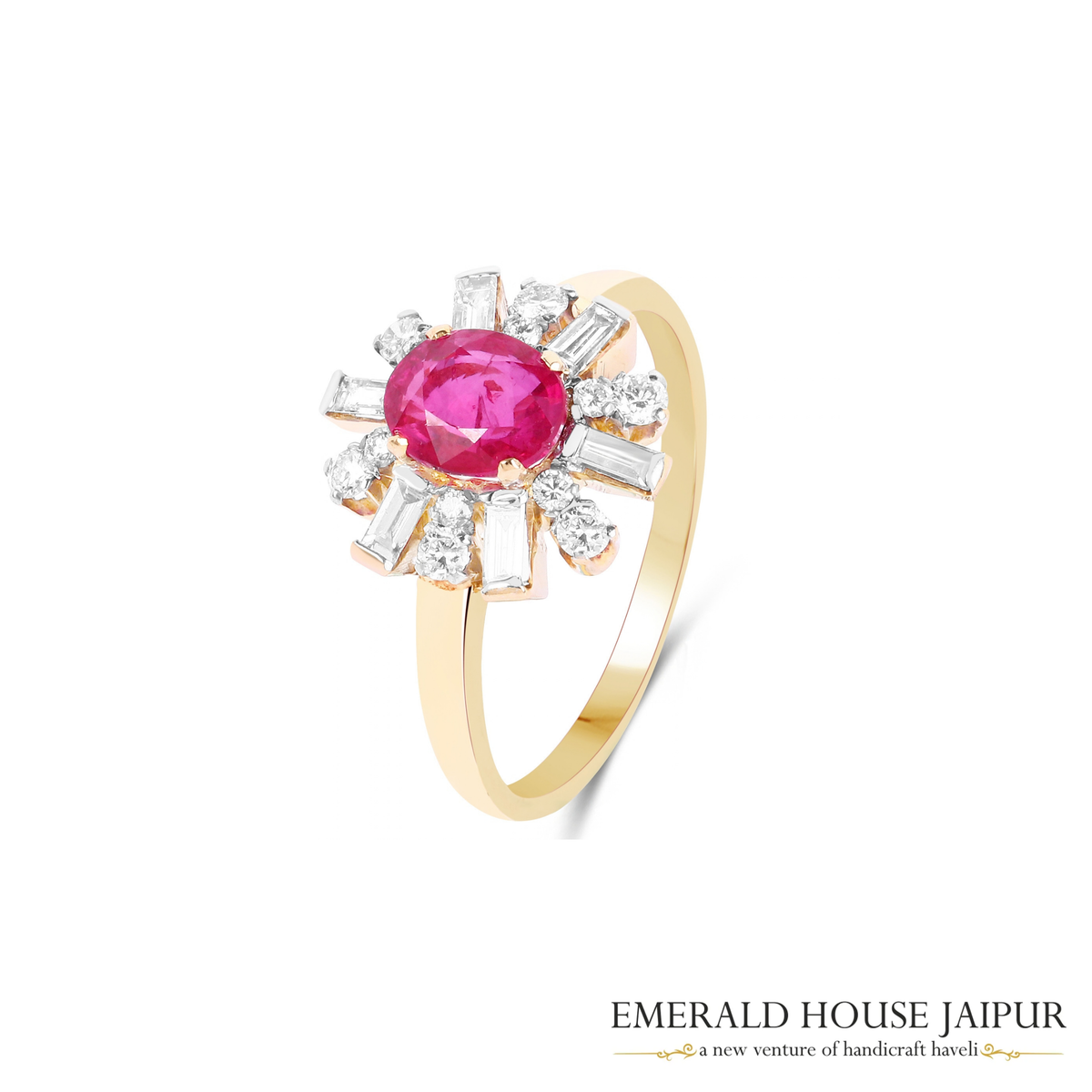 Mozambique Oval Ruby Ring with Rounds & Baguettes Diamonds in 18K Yellow Gold