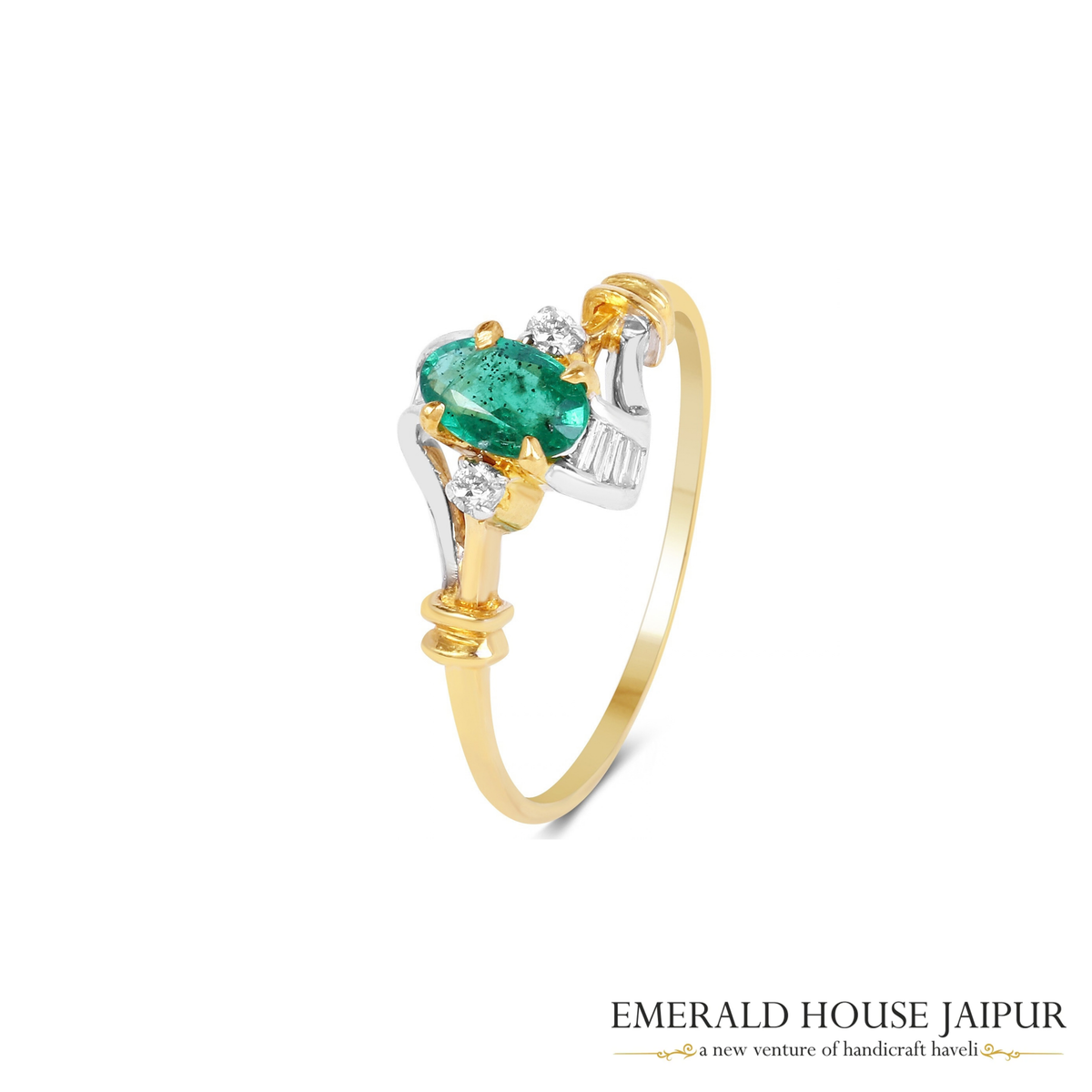 Zambian Oval Emerald Ring with Baguette Diamonds in 18K White & Yellow Gold