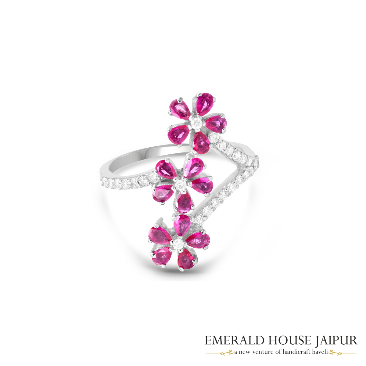 Mozambique Pears Ruby Ring with Round Diamonds in 18K White Gold