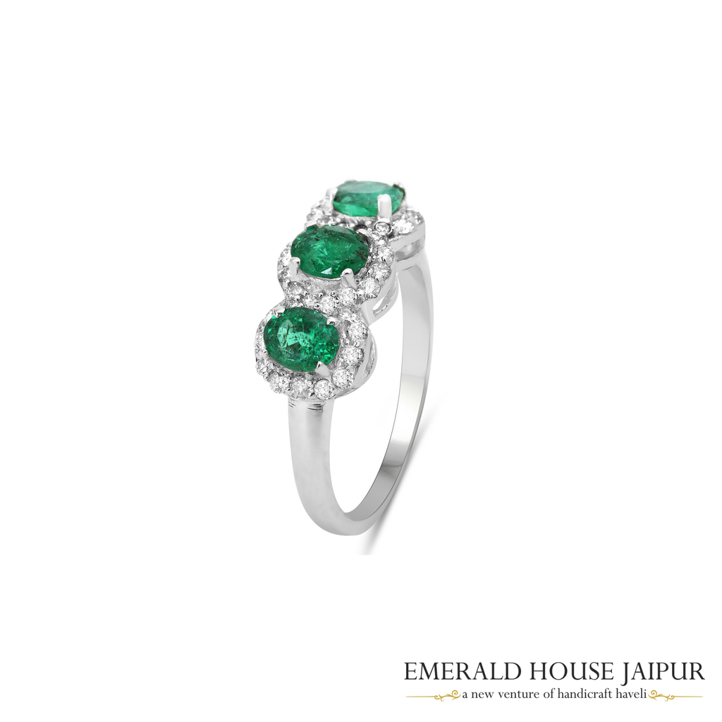 Zambian Triple Oval Emeralds Ring with Round Diamonds in 18K White Gold