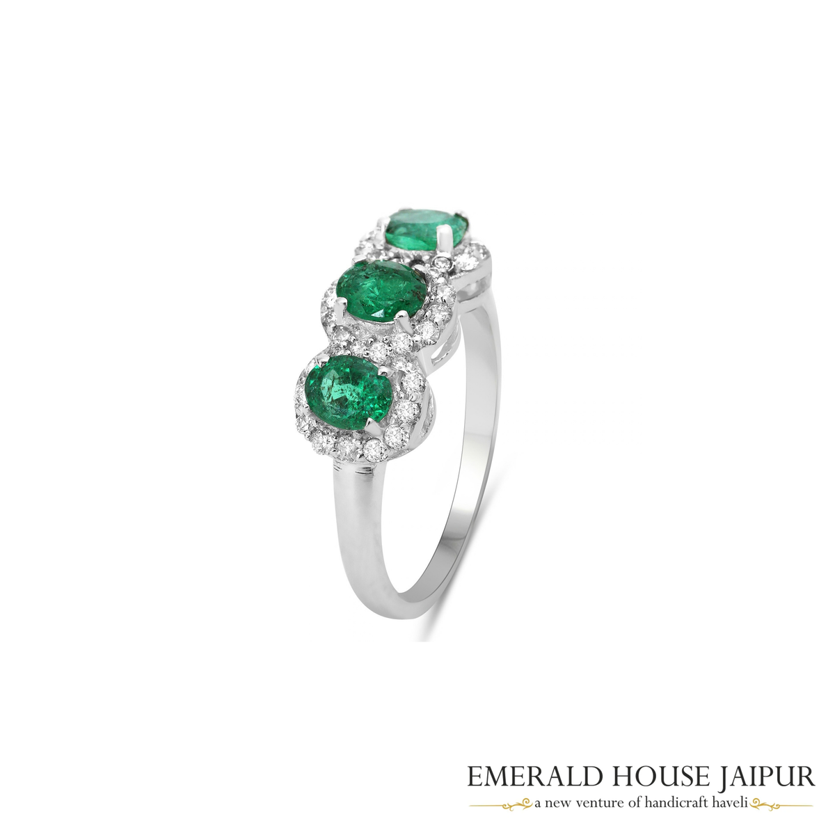 Zambian Triple Oval Emeralds Ring with Round Diamonds in 18K White Gold