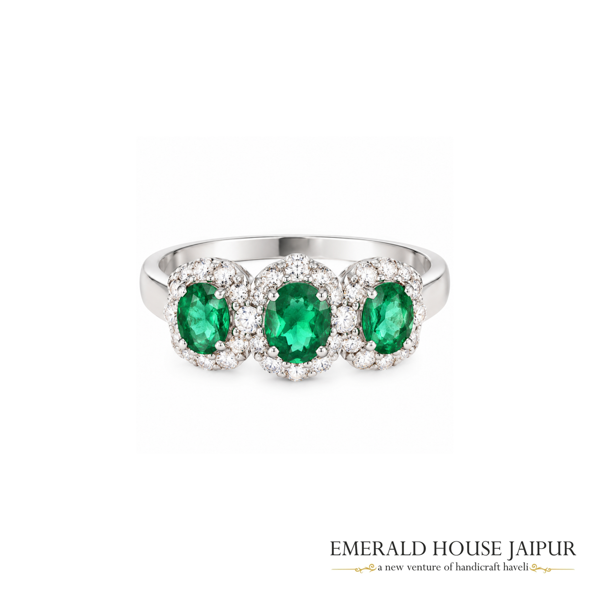 Zambian Triple Oval Emeralds Ring with Round Diamonds in 18K White Gold