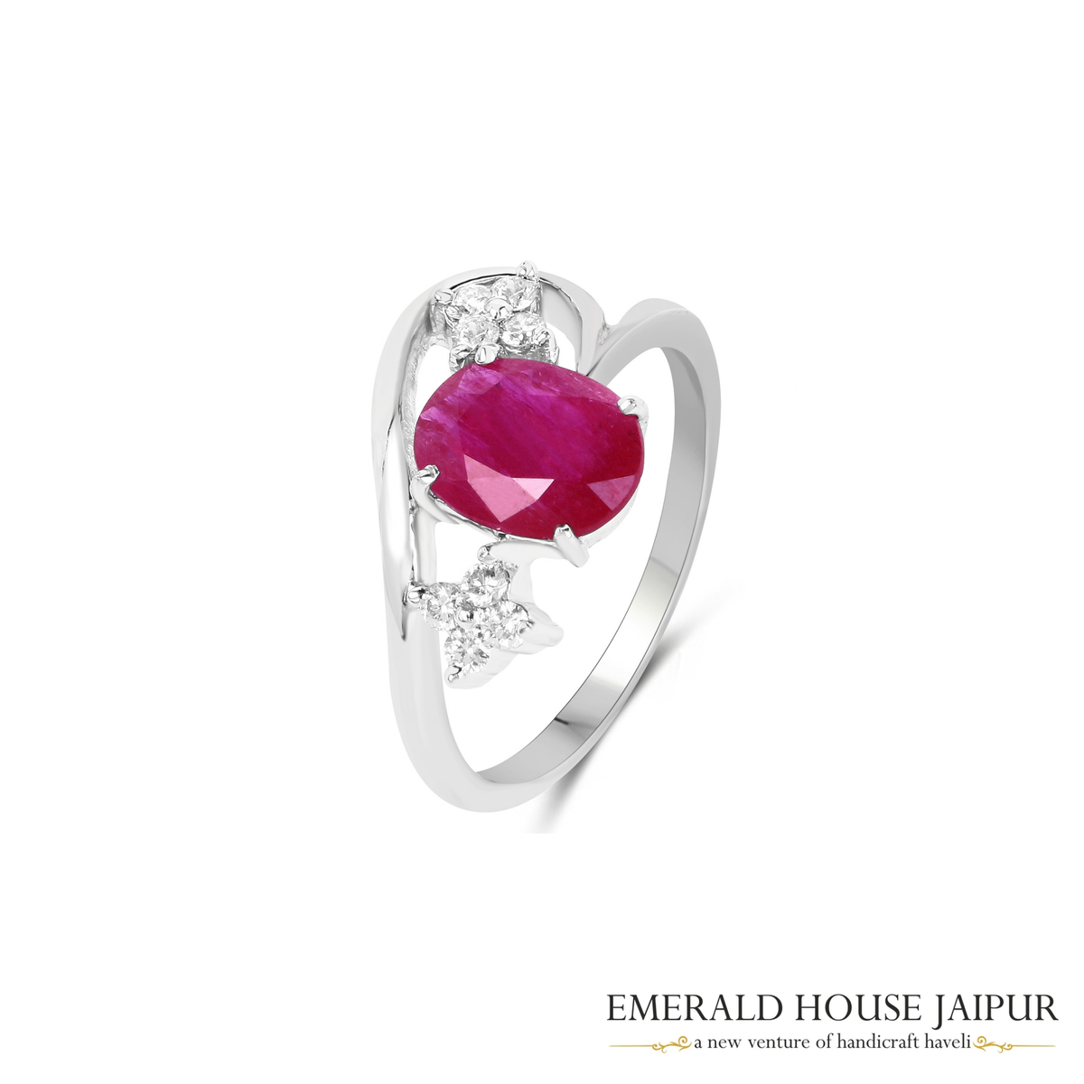 Mozambique Oval Ruby Ring with Round Diamonds in 18K White Gold