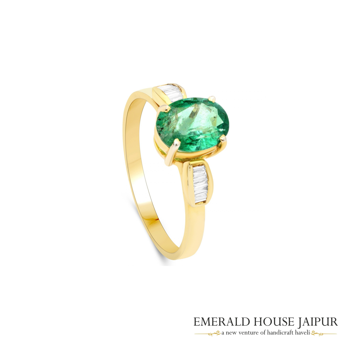 Zambian Oval Emerald Ring with Baguette Diamonds in 14K Yellow Gold