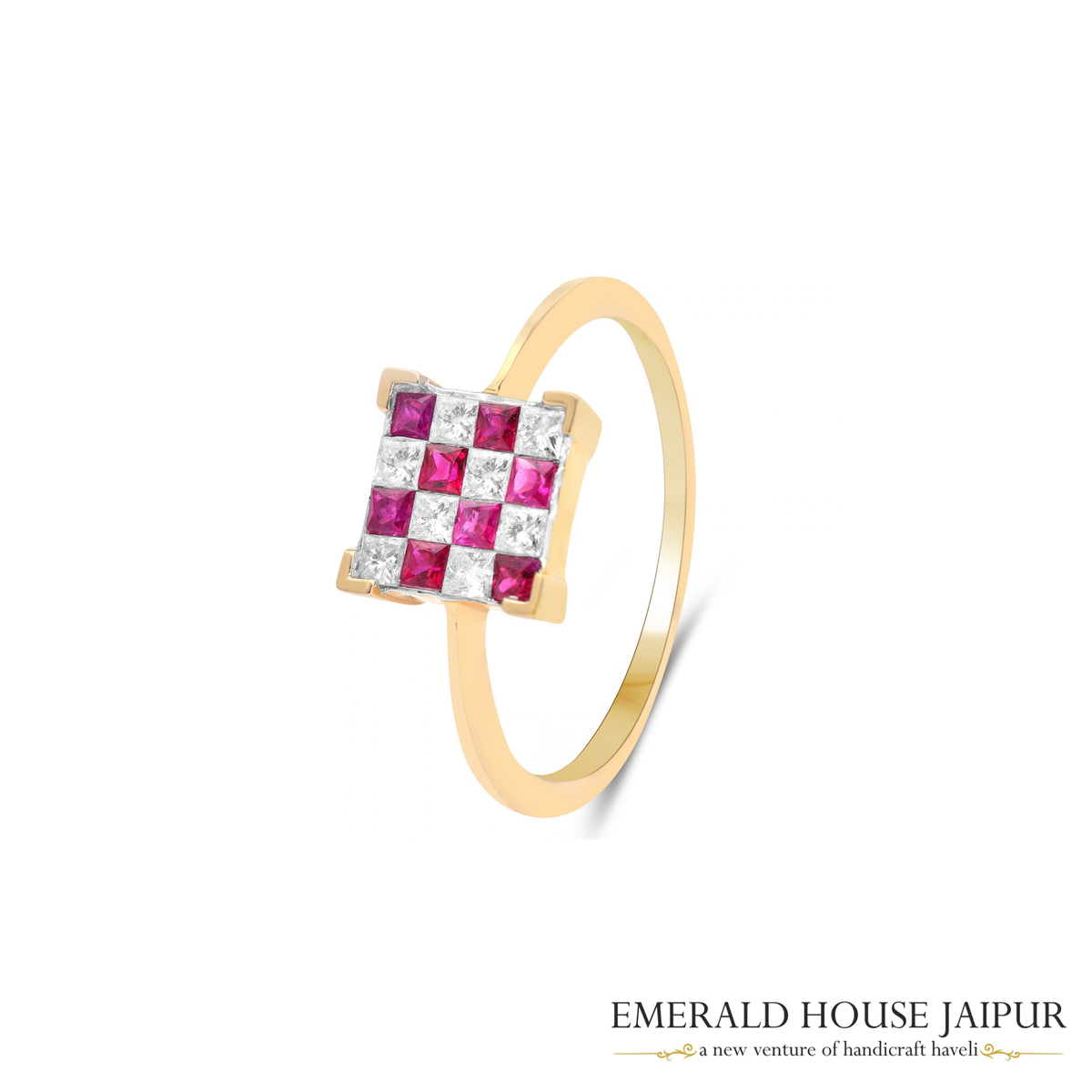 Mozambique Princess Ruby Ring with Princess Diamonds in 18K Yellow Gold