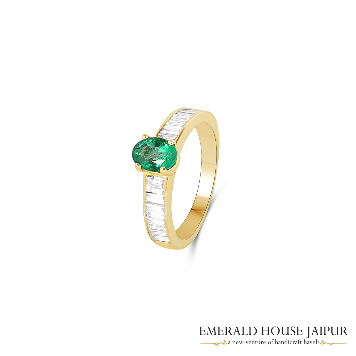Zambian Oval Emerald Ring with Baguette Diamonds in 14K Yellow Gold