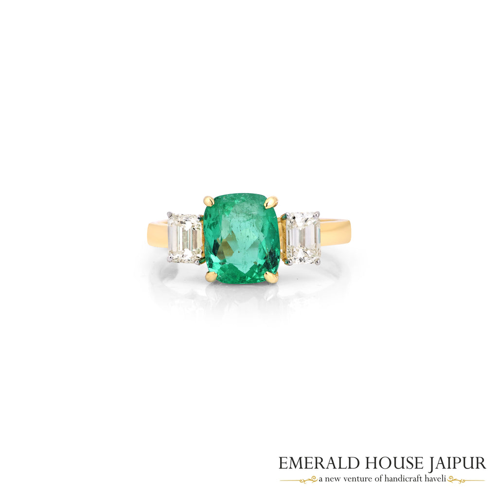 Cushion-Cut Zambian Emerald & Emerald-Cut Diamond Three-Stone Ring in 18K Yellow Gold