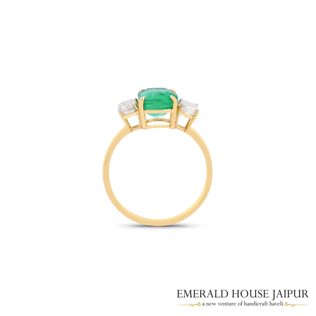 Cushion-Cut Zambian Emerald & Emerald-Cut Diamond Three-Stone Ring in 18K Yellow Gold