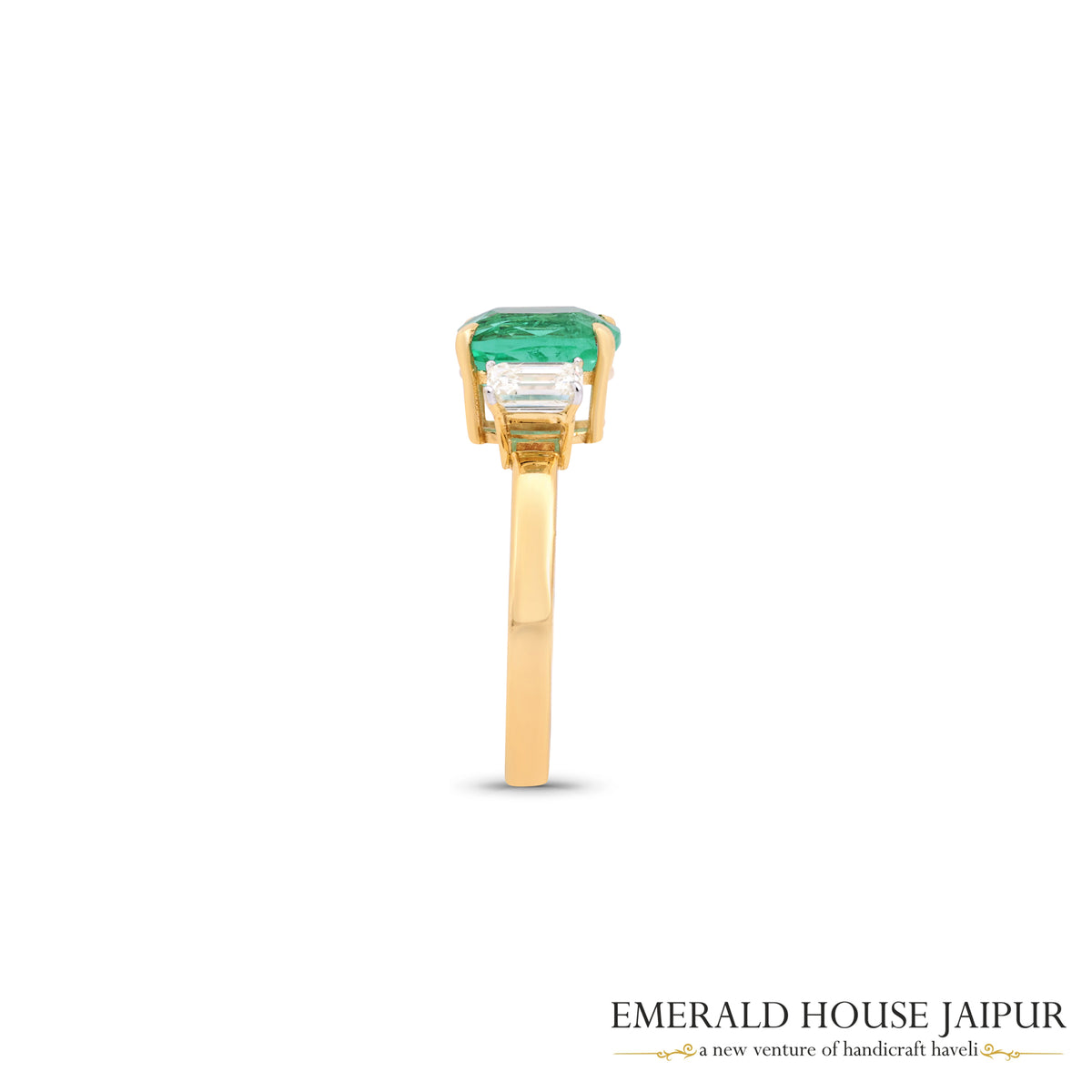 Cushion-Cut Zambian Emerald & Emerald-Cut Diamond Three-Stone Ring in 18K Yellow Gold