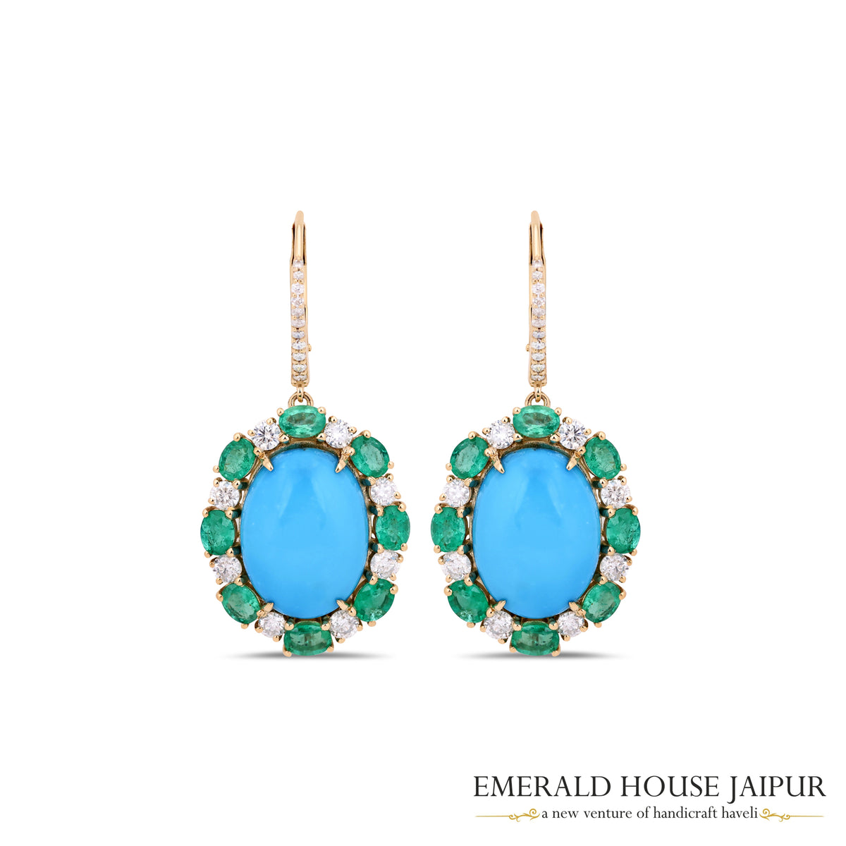 Oval Cabochon Turquoise, Emerald & Diamond Drop Earrings in 18K Yellow Gold