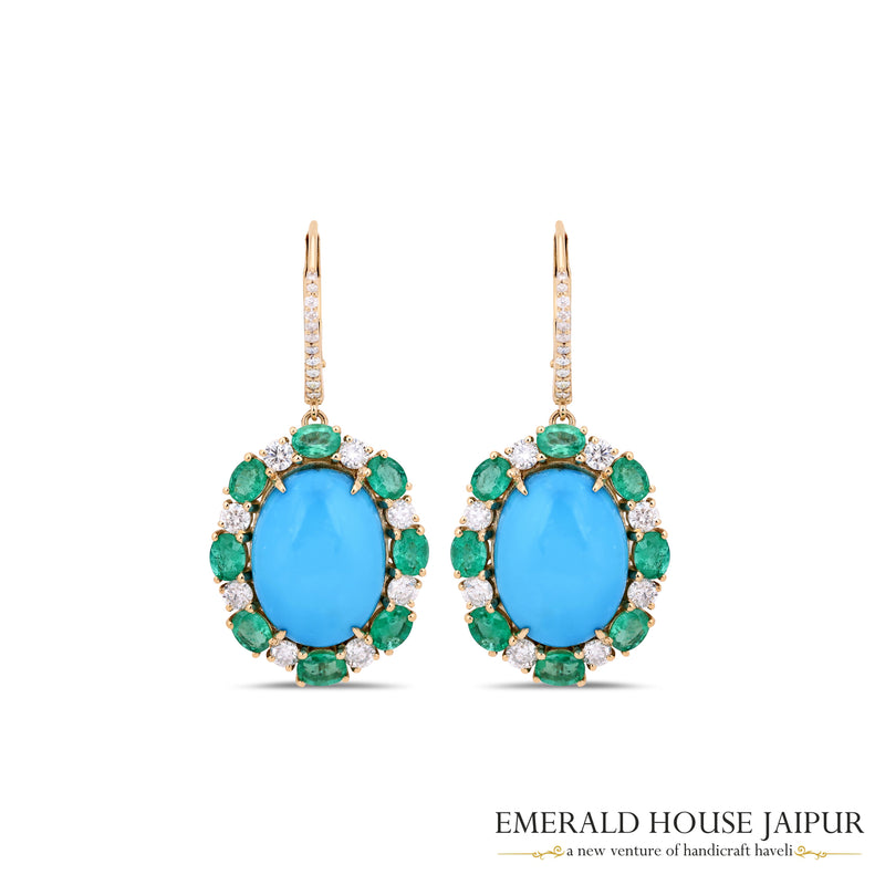 Oval Cabochon Turquoise, Emerald & Diamond Drop Earrings in 18K Yellow Gold