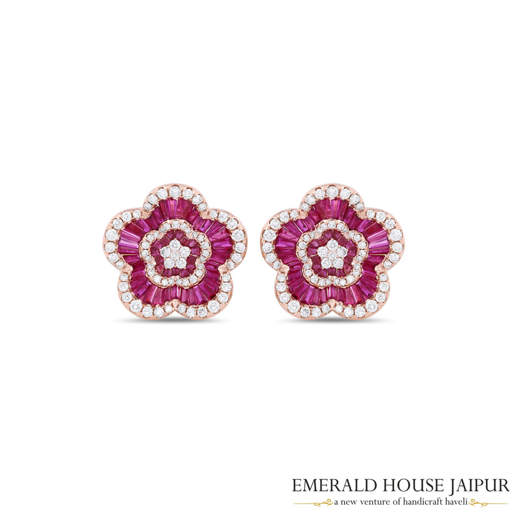 Vivid Red Ruby Baguette and Diamond Earrings