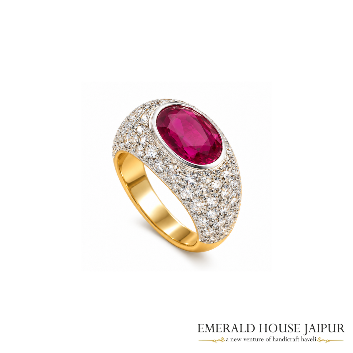 Mozambique Oval Ruby Ring with Round Diamonds in 18K Yellow Gold