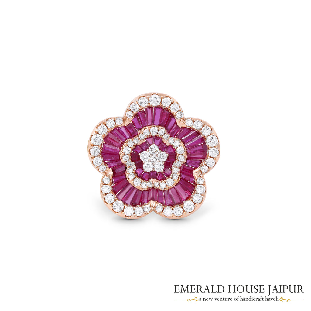 Vivid Red Ruby Baguette and Diamond Ring