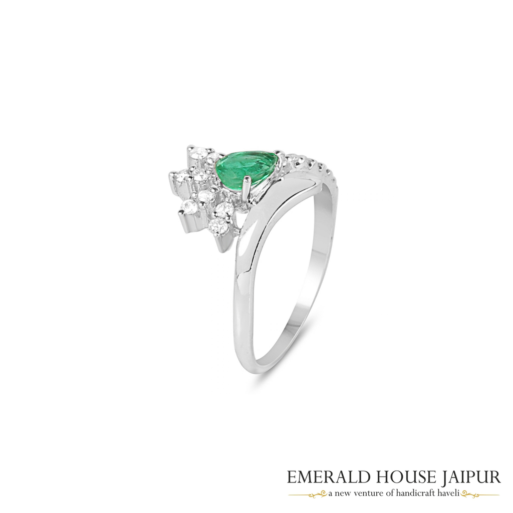 Zambian Pear Emerald Ring with Marquise & Round Diamonds in 18K White Gold