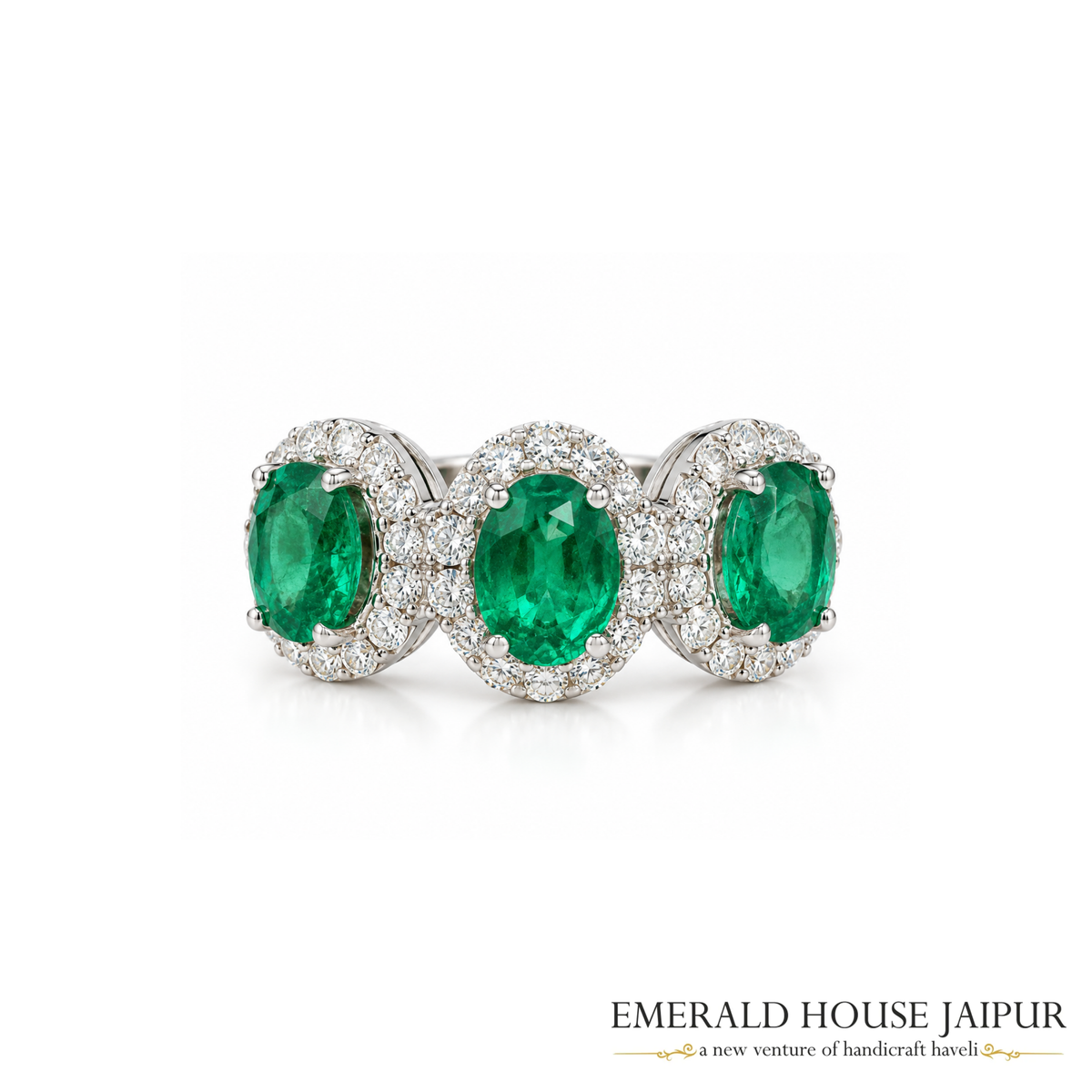 Zambian Triple Oval Emeralds Ring with Round Diamonds in 18K White Gold