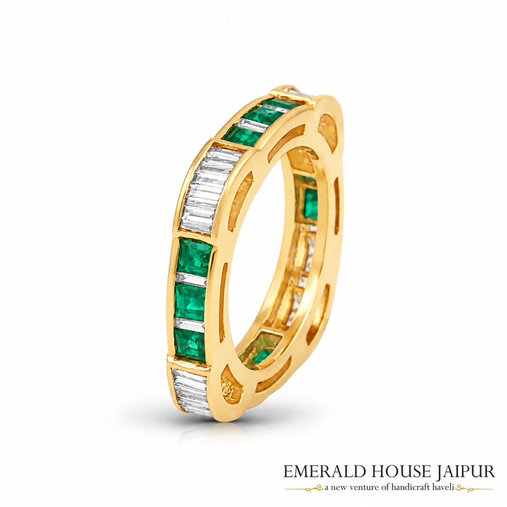 Zambian Princess Emeralds Eternity Band with Baguette Diamonds in 14K Yellow Gold