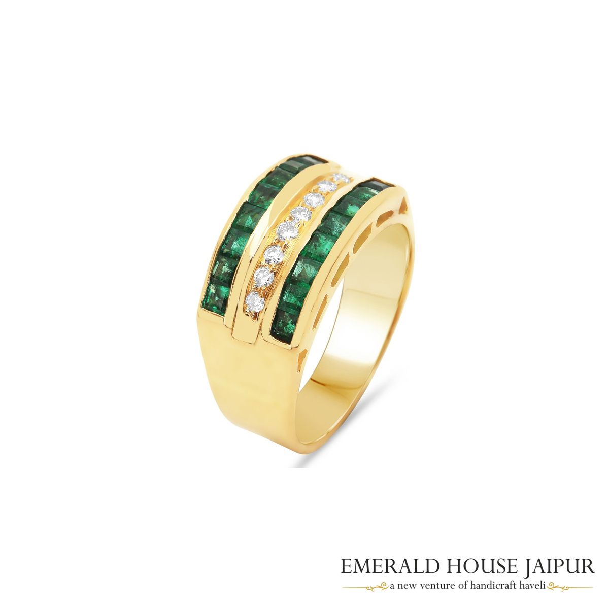 Zambian Princess Emeralds Ring with Round Diamonds in 18K Yellow Gold