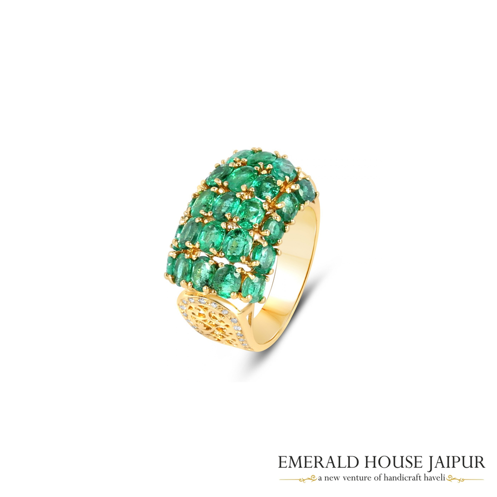 Zambian Oval Emeralds Ring with Round Diamonds in 14K Yellow Gold
