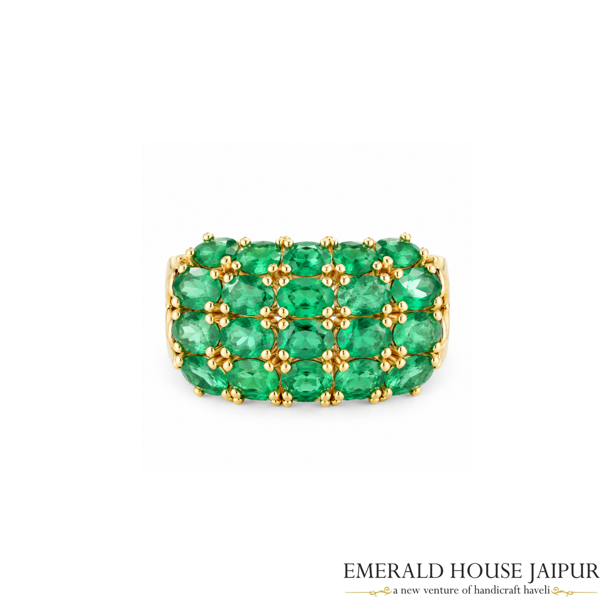 Zambian Oval Emeralds Ring with Round Diamonds in 14K Yellow Gold