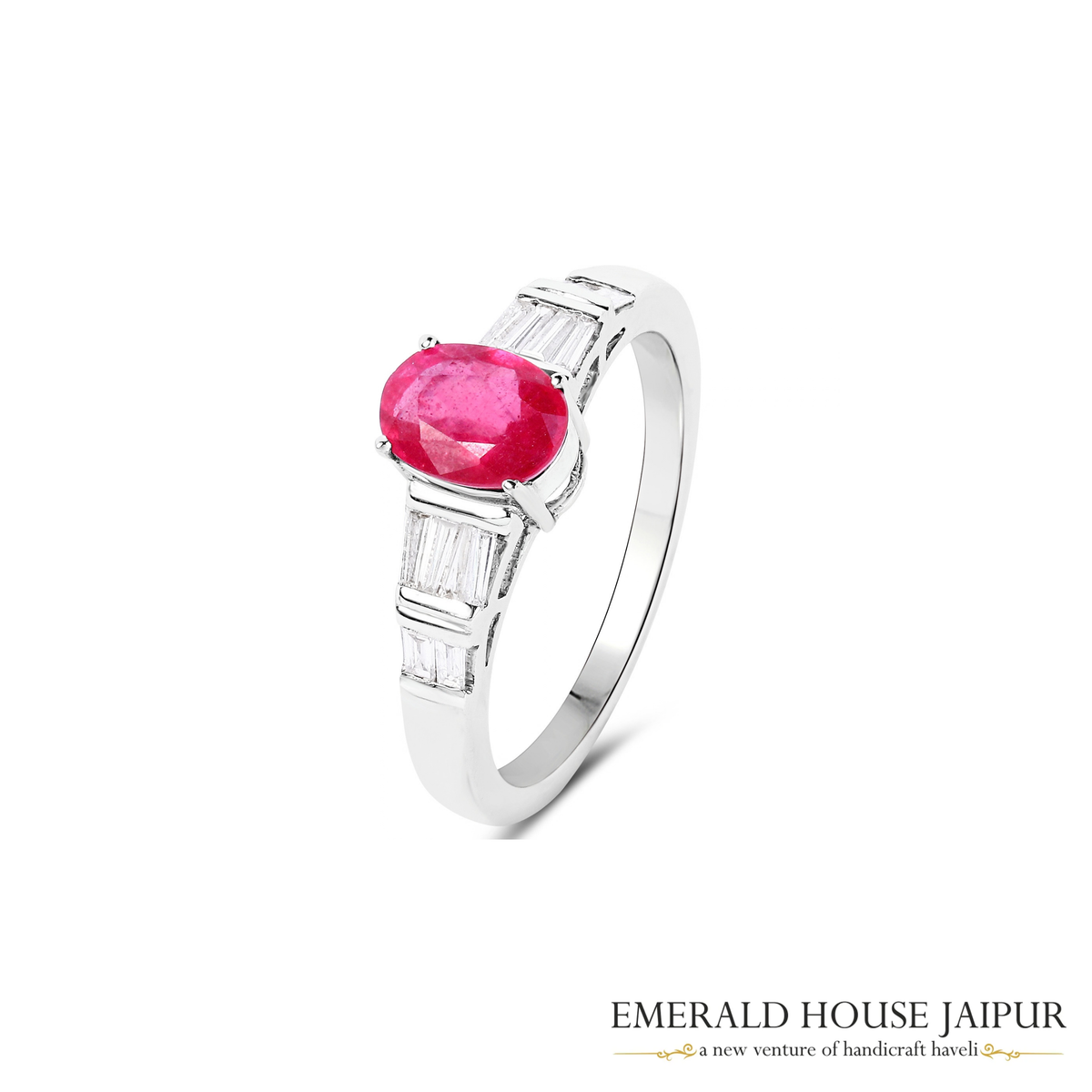 Mozambique Oval Ruby Ring with Baguette Diamonds in 18K White Gold