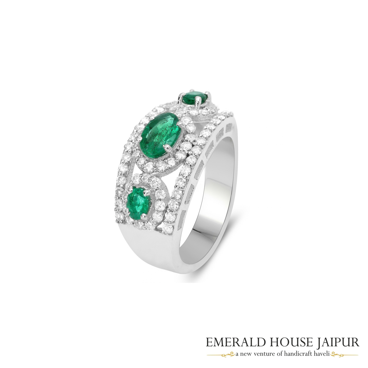 Zambian Triple Oval Emeralds Ring with Round Diamonds in 18K White Gold