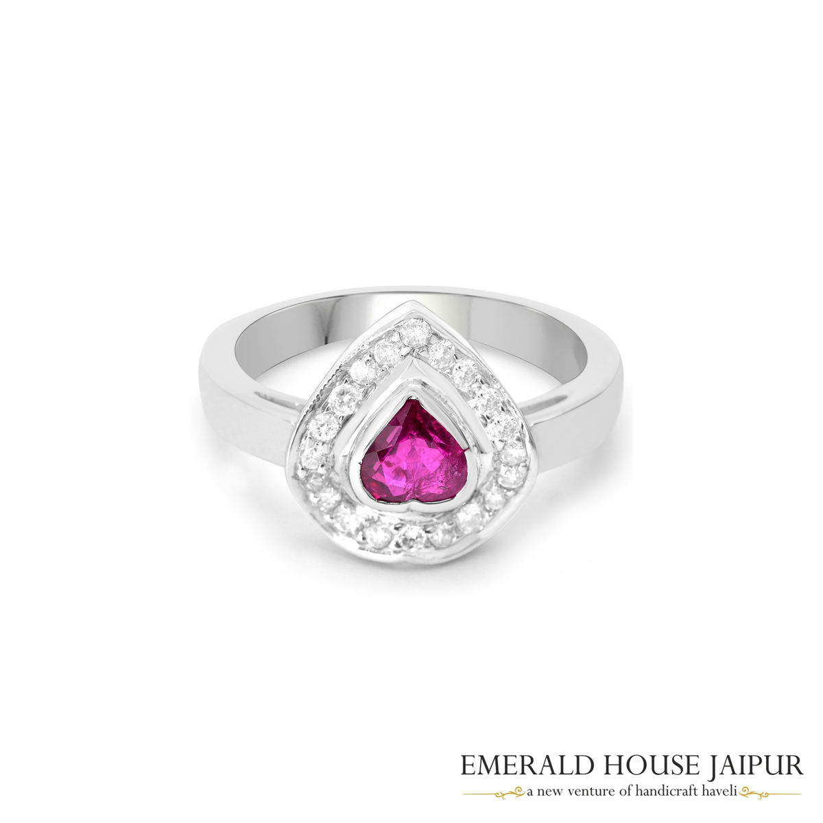 Mozambique Heart Ruby Ring with Round Diamonds in 18K White Gold