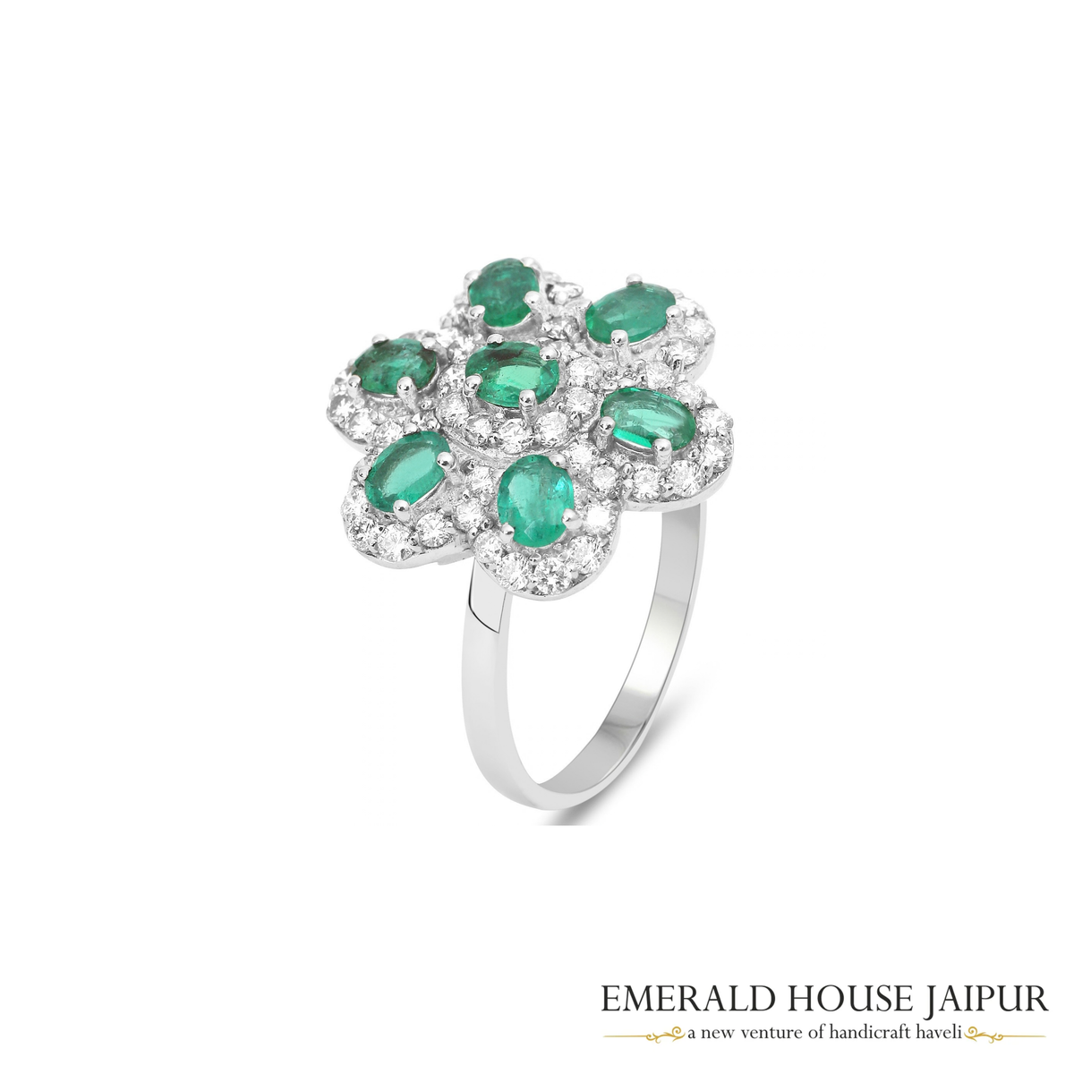 Zambian Oval Emeralds Ring with Round Diamonds in 18K White Gold