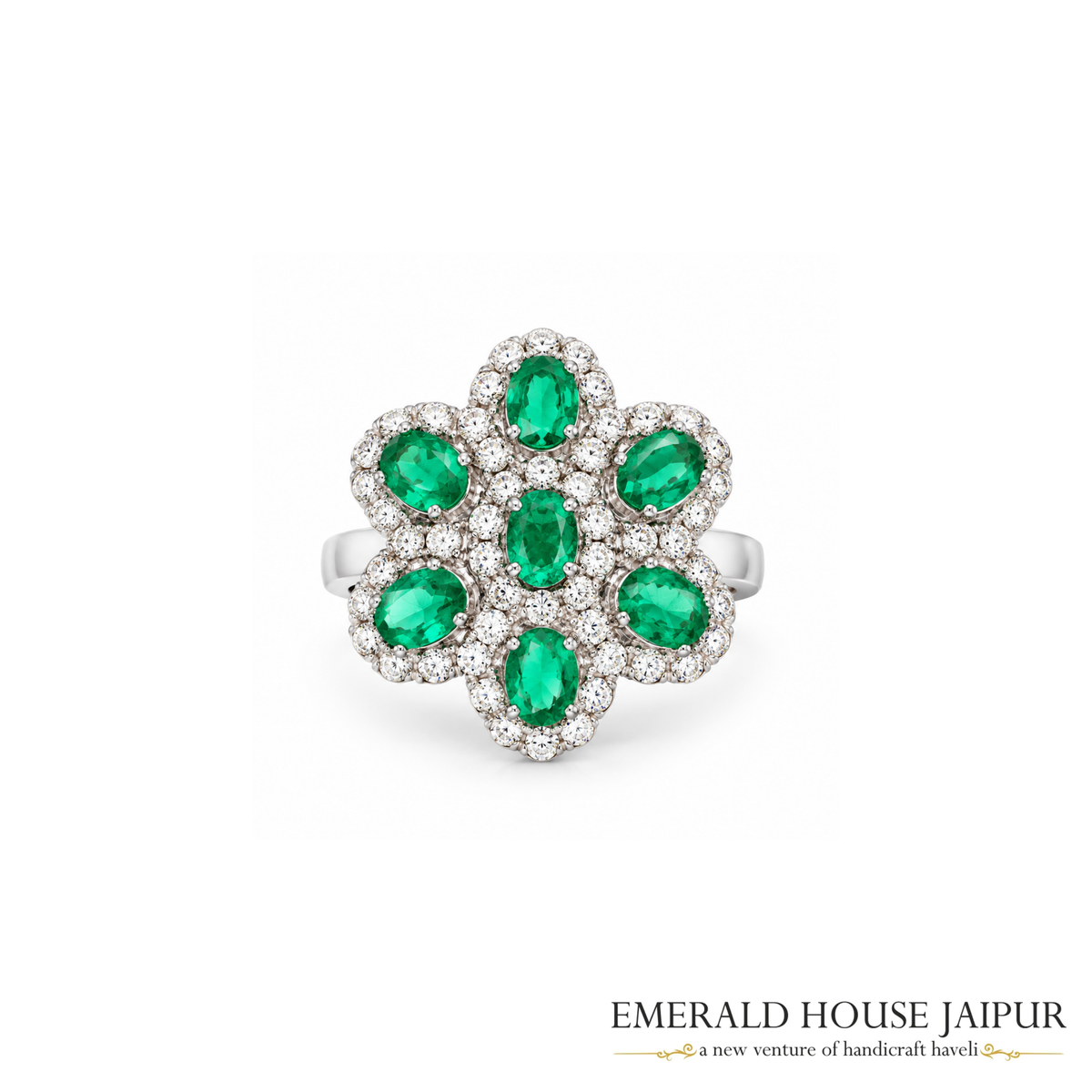 Zambian Oval Emeralds Ring with Round Diamonds in 18K White Gold
