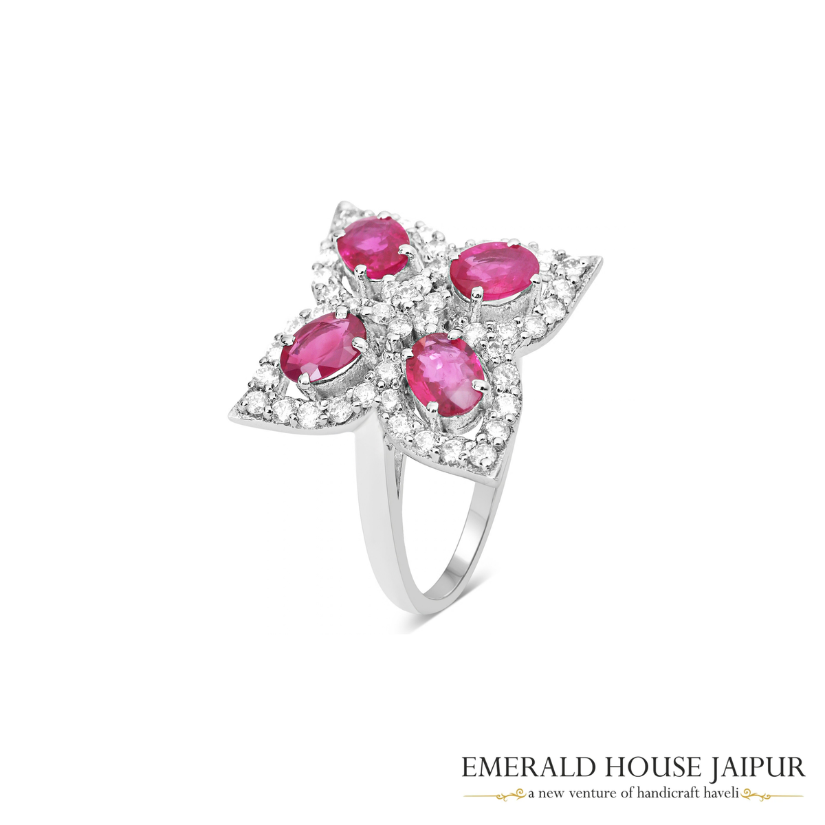 Mozambique Ovals Ruby Ring with Round Diamonds in 18K White Gold