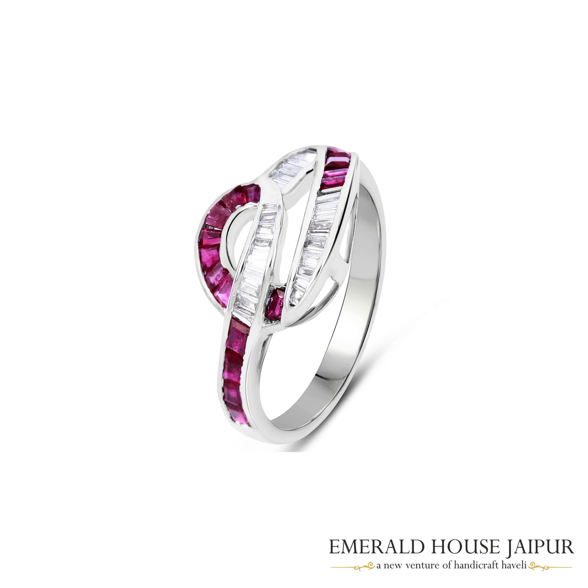 Mozambique Baguettes Ruby Ring with Baguettes Diamonds in 18K White Gold