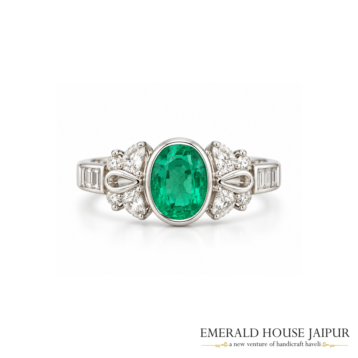 Zambian Oval Emerald Ring with Round Diamonds in 18K White Gold
