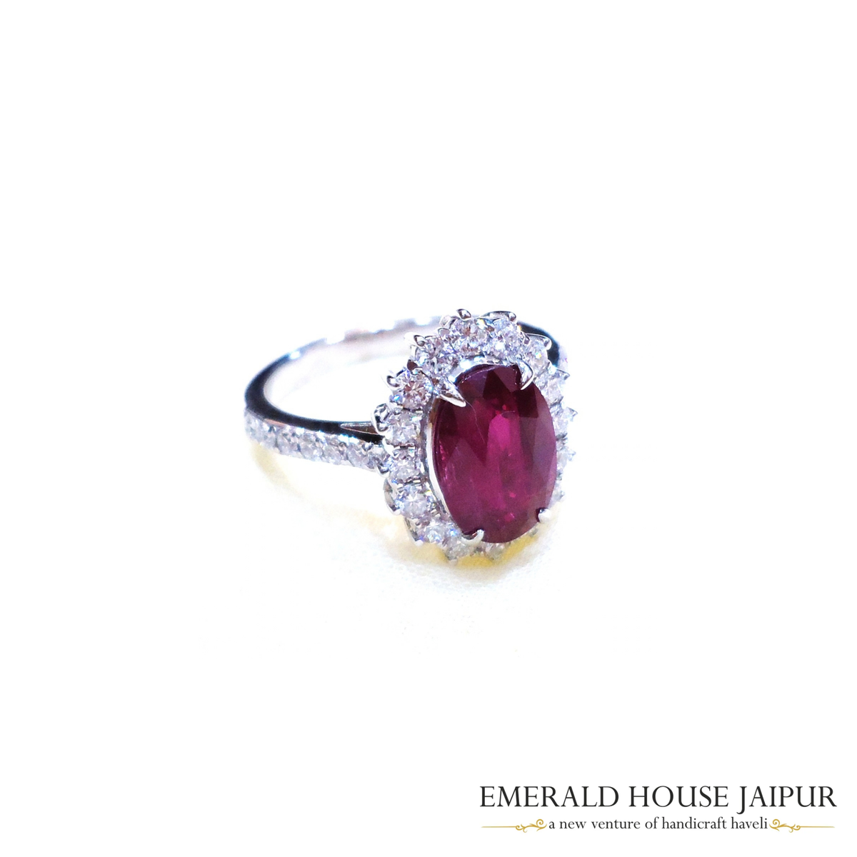 Ceylon Oval Star Ruby Ring with Round Diamond in 14K White Gold