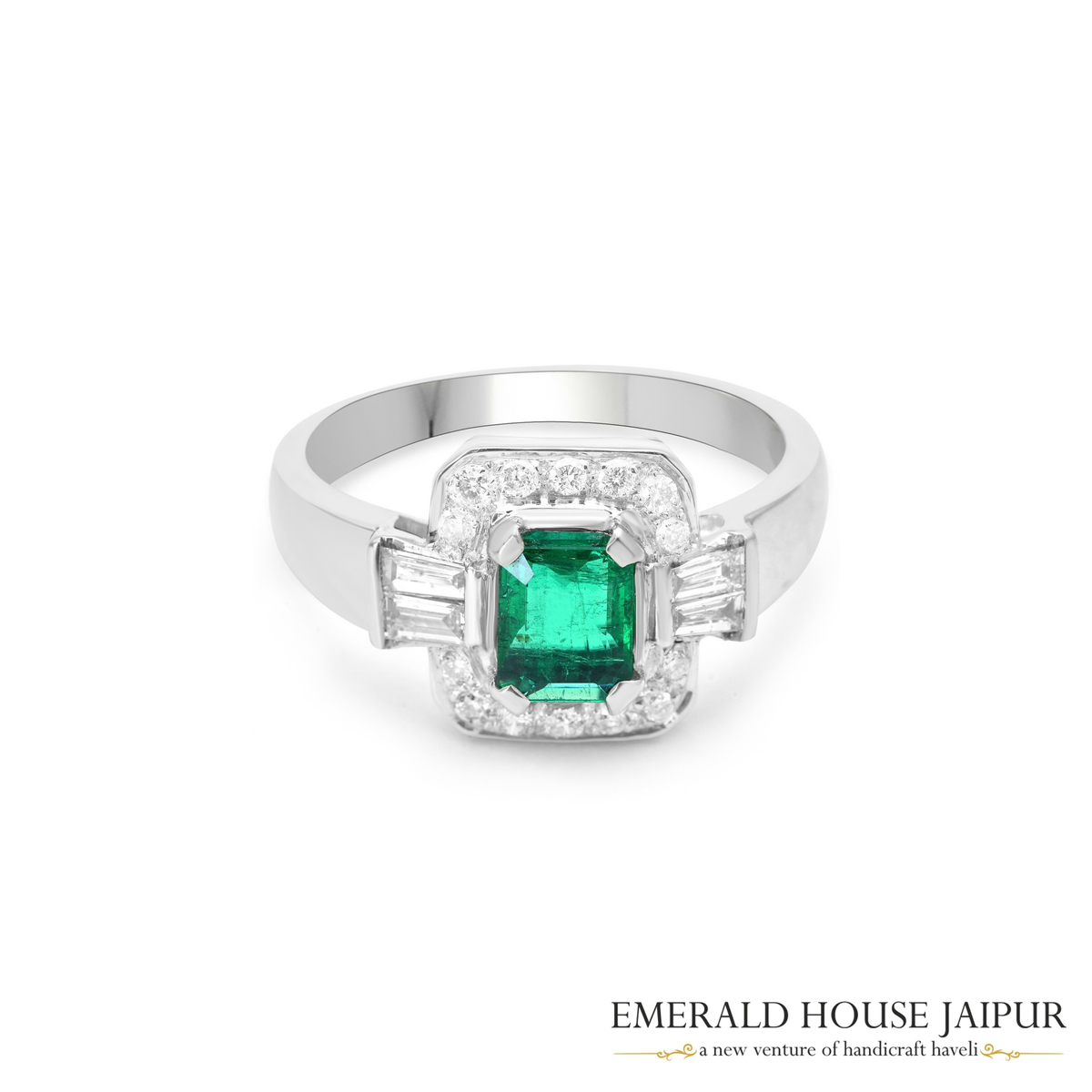 Zambian Octagonal Emerald Ring with Baguettes and Round Diamonds in 18K White Gold