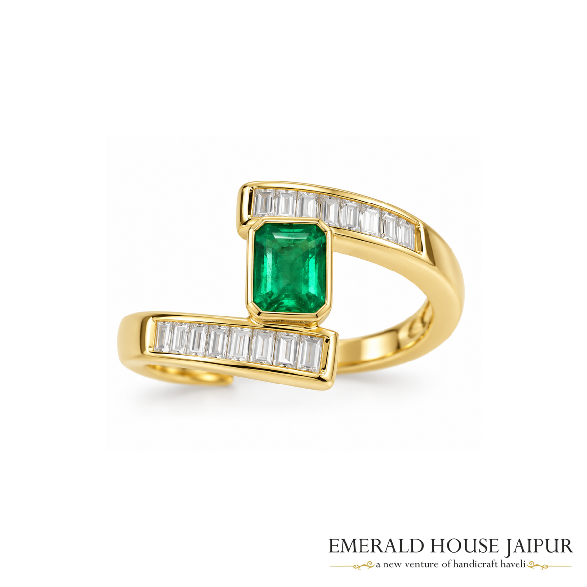Zambian Octagonal Emerald Ring with Baguette Diamonds in 14K Yellow Gold