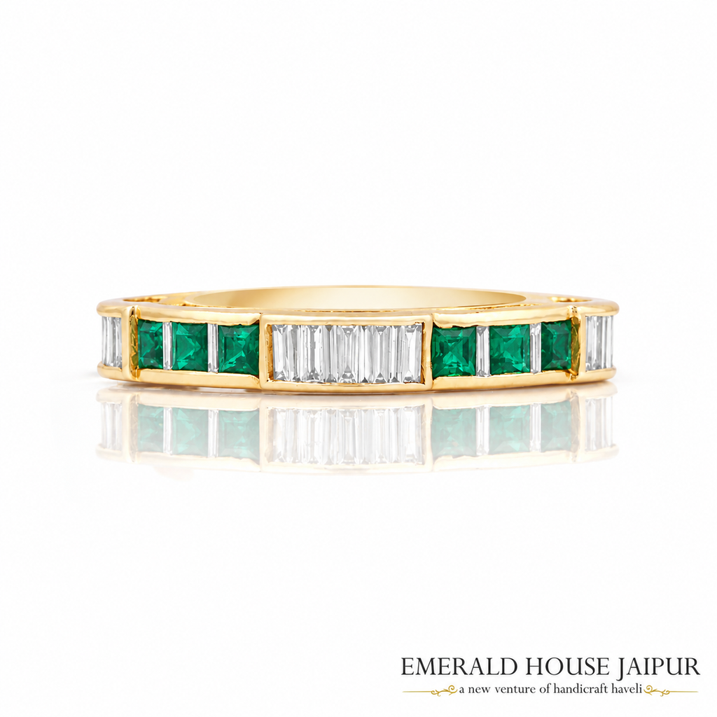 Zambian Princess Emeralds Eternity Band with Baguette Diamonds in 14K Yellow Gold