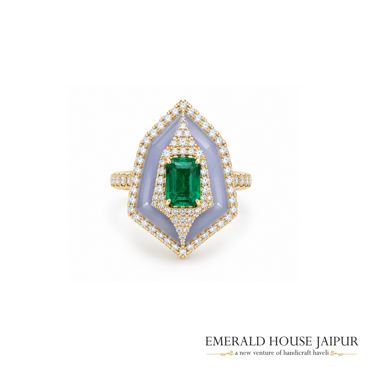 Zambian Emerald & Chalcedony Diamond Halo Ring in 18K White Gold