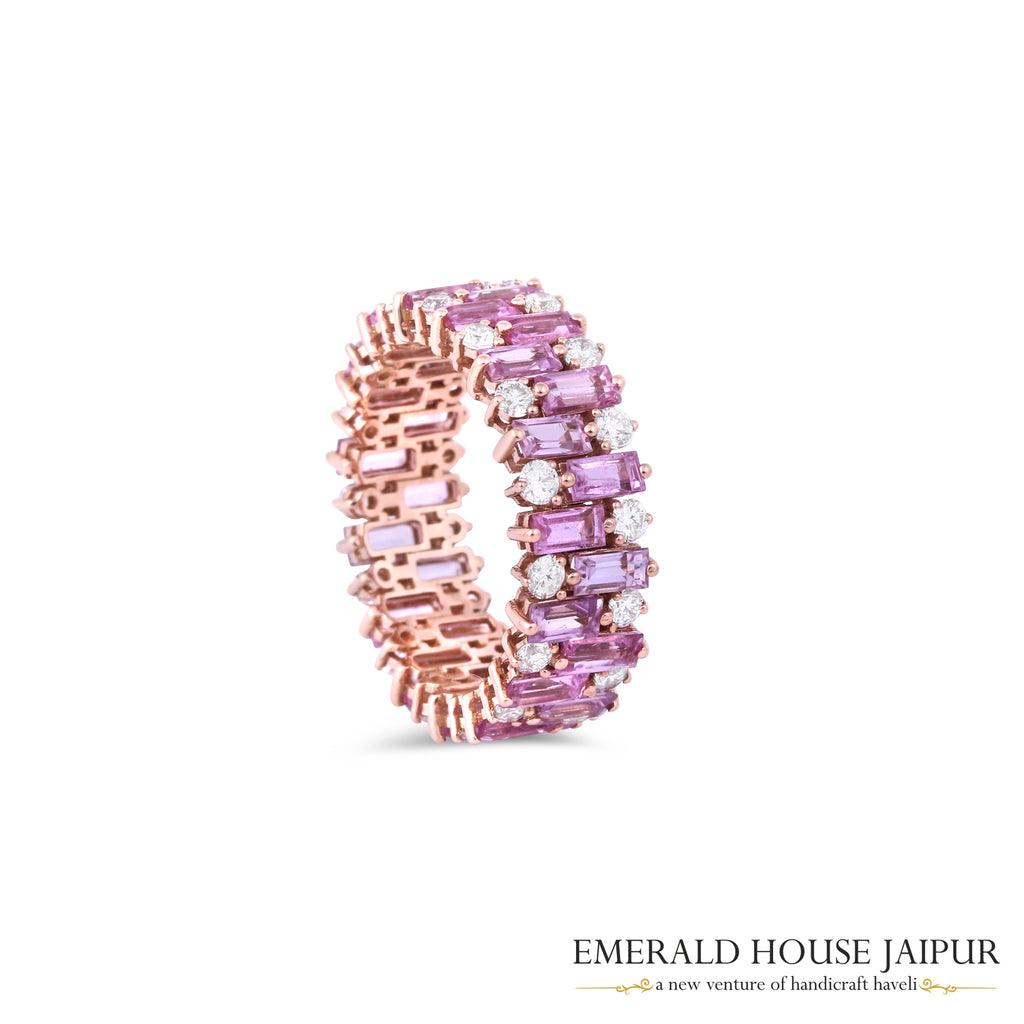 Pink Sapphire Baguette and Diamond Ring