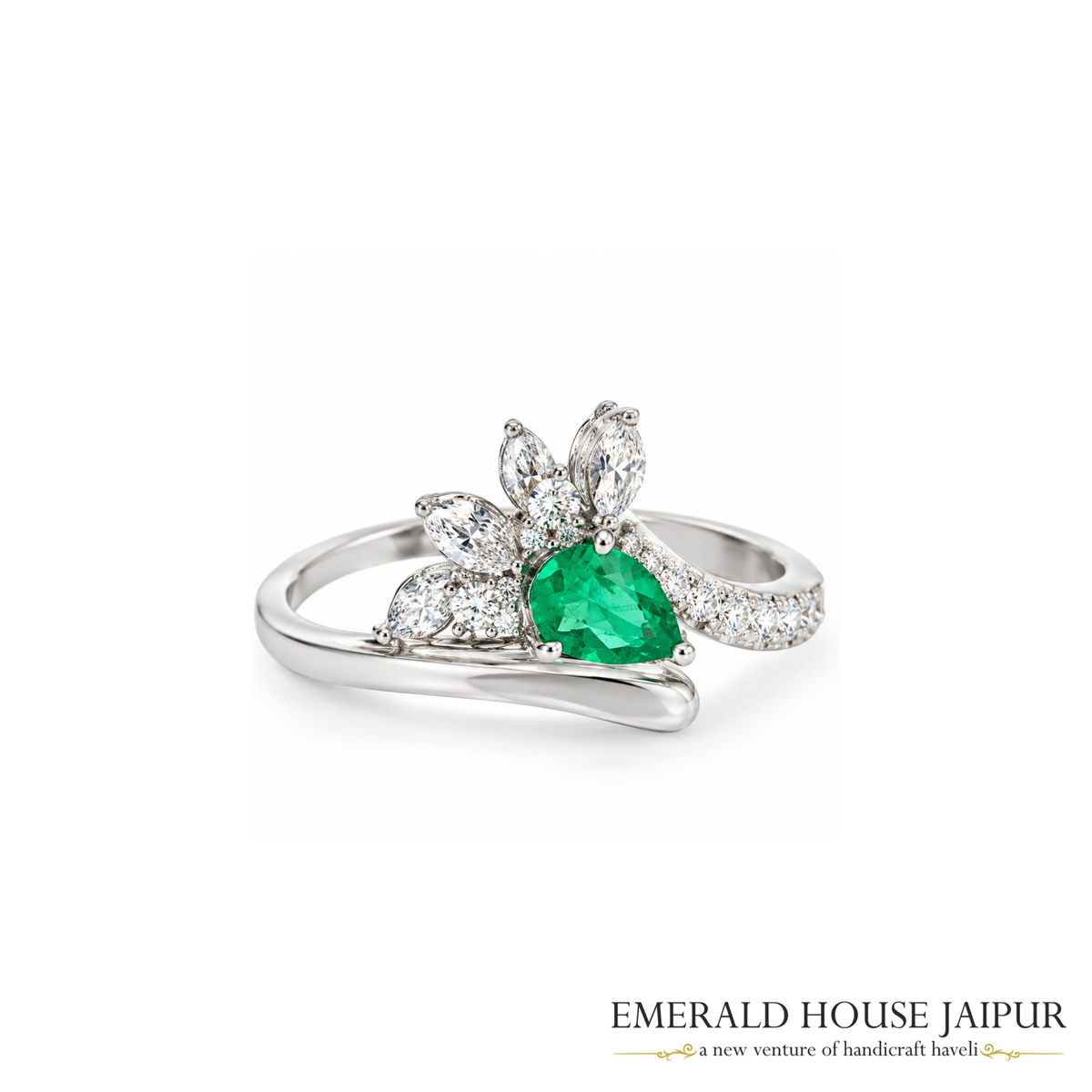 Zambian Pear Emerald Ring with Marquise & Round Diamonds in 18K White Gold