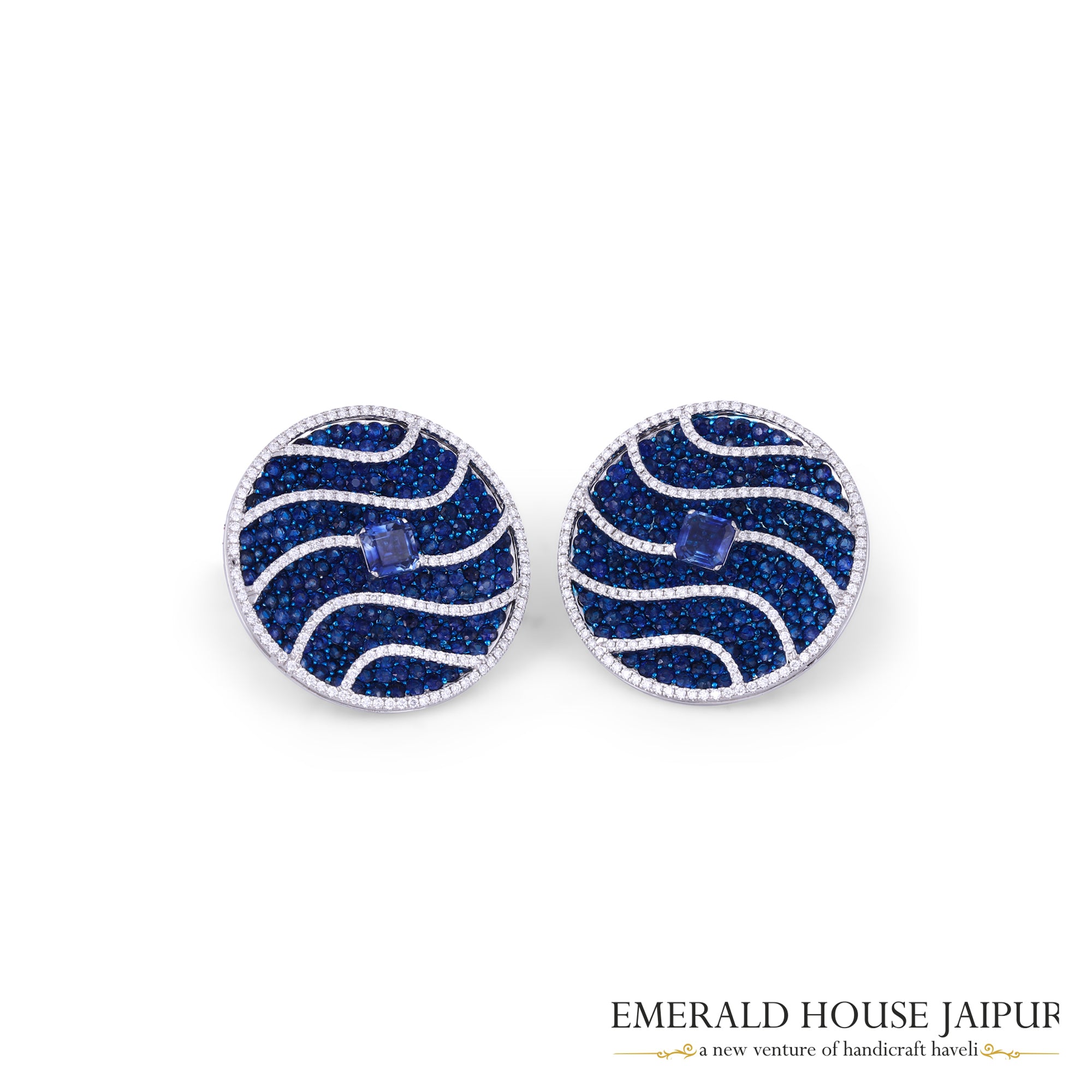 Cocktail Wavy Blue Sapphire and Diamond Earclips