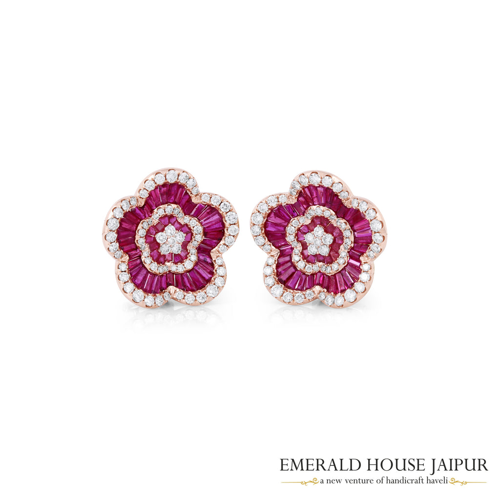 Vivid Red Ruby Baguette and Diamond Earrings